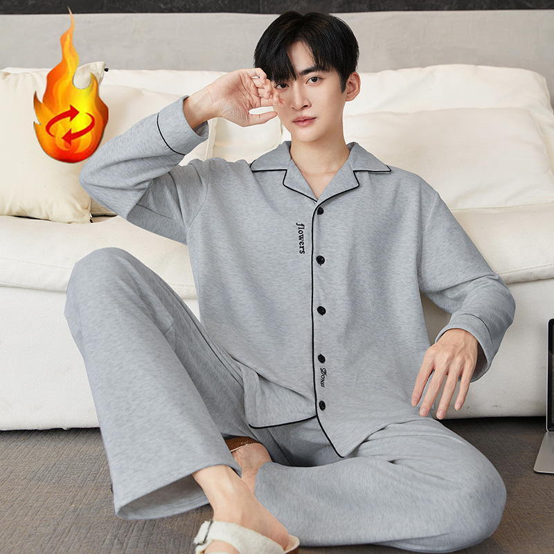 Mens long-sleeved pajamas winter cartoon large size casual warm turn-down collar cardigan thermal home wear can be worn outside set 250103