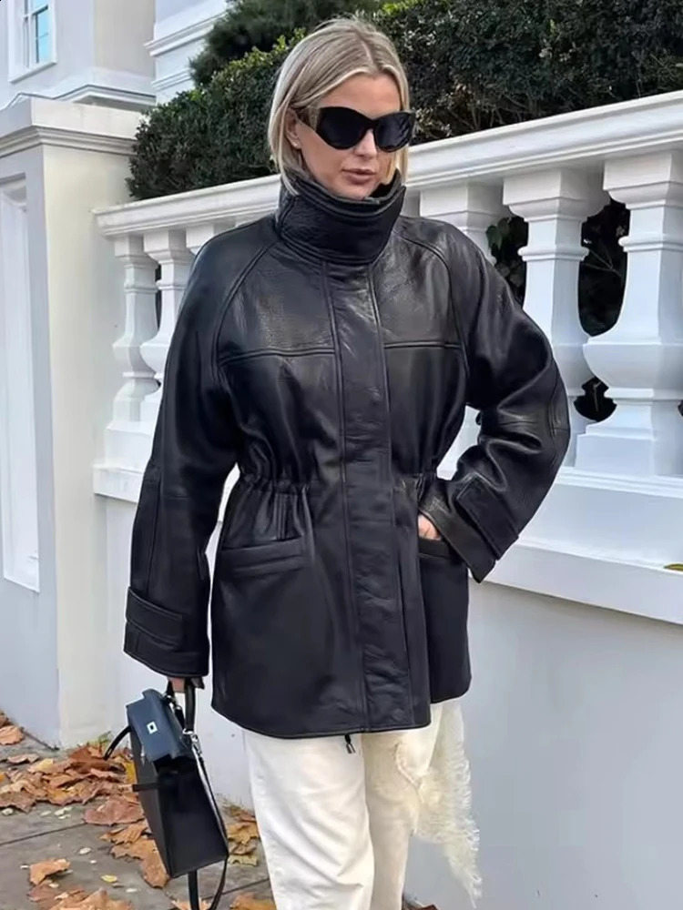 Street Black Leather Women Jacket Stand Collar Long Sleeve Zipper Waist Closed Pockets Female Coat 2026 Fashion Lady Outwear 260209
