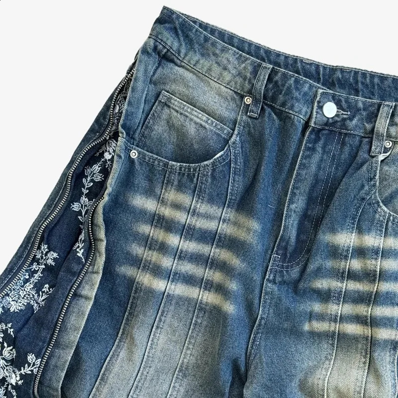 Mens Jeans Harajuku Y2K Streetwear Floral Side Embroidery Zip Denim Pants Retro Washed Heavy Splicing Baggy Wide Leg Gothic 260227CJ - view 5