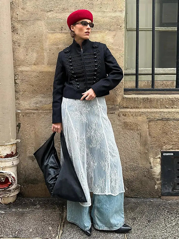 Womens Napoleon Style Black Cropped Jacket Coat Long Sleeve Tops Braided Button Trim Vintage Slim Fit Fashion Lady Outerwear 260122