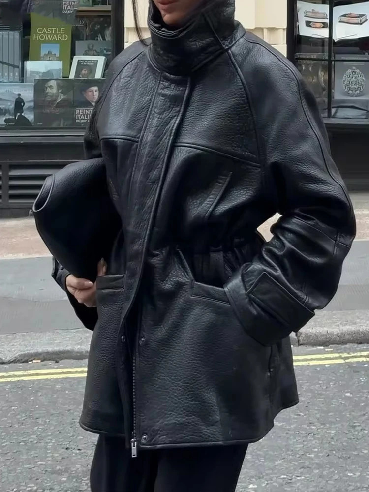 Street Black Leather Women Jacket Stand Collar Long Sleeve Zipper Waist Closed Pockets Female Coat 2026 Fashion Lady Outwear 260209
