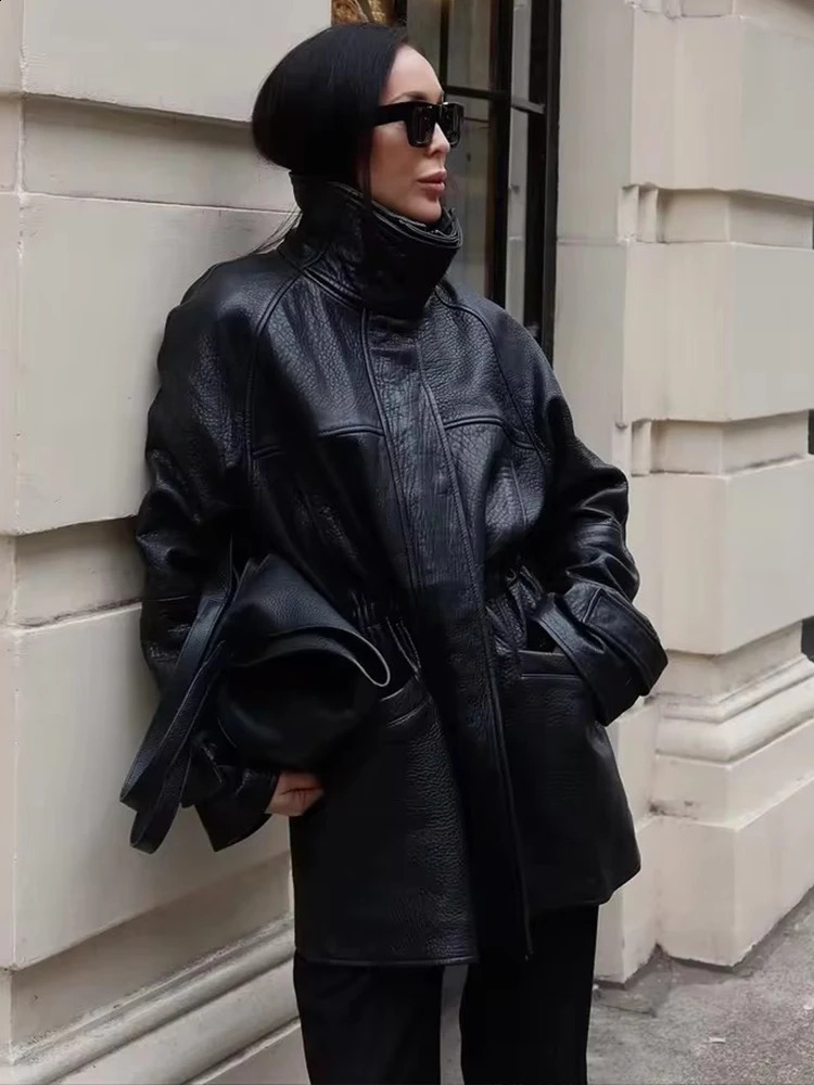 Street Black Leather Women Jacket Stand Collar Long Sleeve Zipper Waist Closed Pockets Female Coat 2026 Fashion Lady Outwear 260209