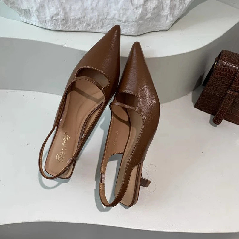 SUOJIALUN Summer Women Sandal Fashion Pointed Toe Shallow Slip On Ladies Elegant Slingback Shoes Thin Med Heel Dress Mules 260306