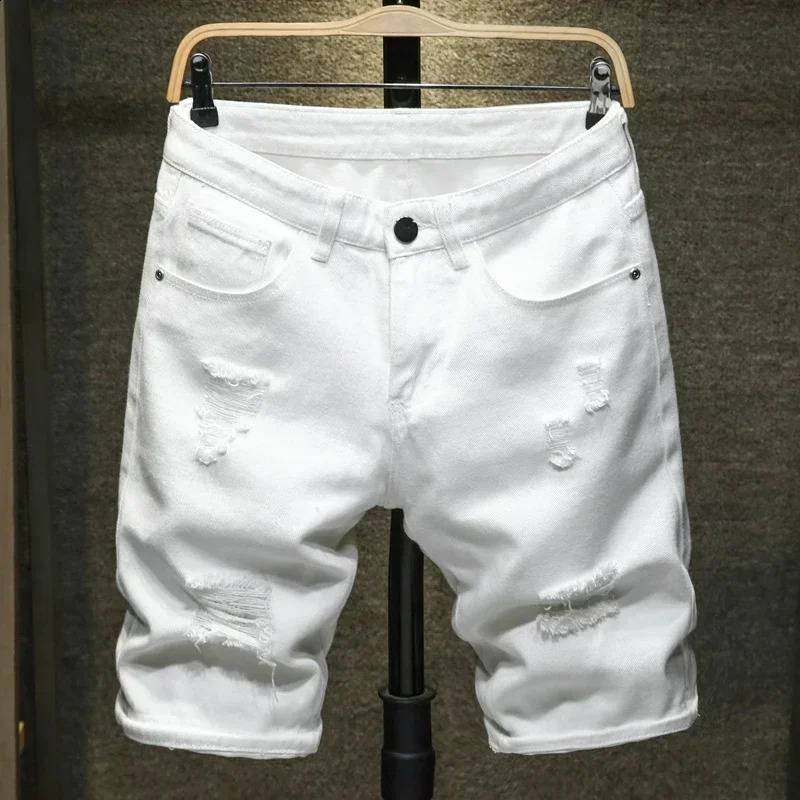 Streetwear Ripped White Denim Shorts Men Fashion Knee Length Jeans Simple Casual Slim Hole Short Pants Male 260206