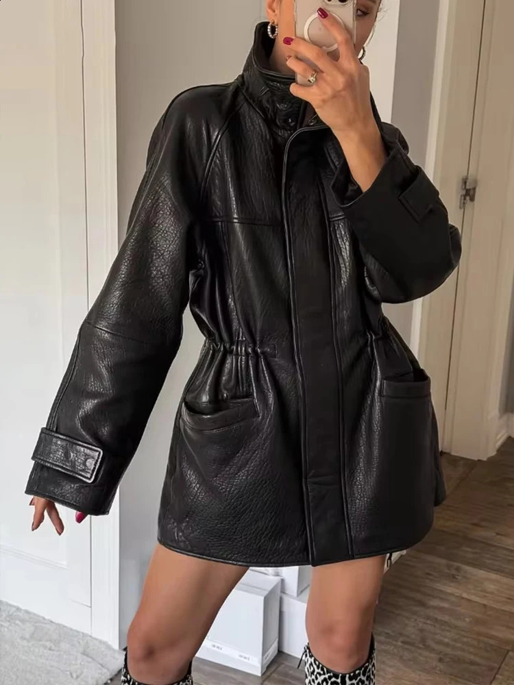 Street Black Leather Women Jacket Stand Collar Long Sleeve Zipper Waist Closed Pockets Female Coat 2026 Fashion Lady Outwear 260209