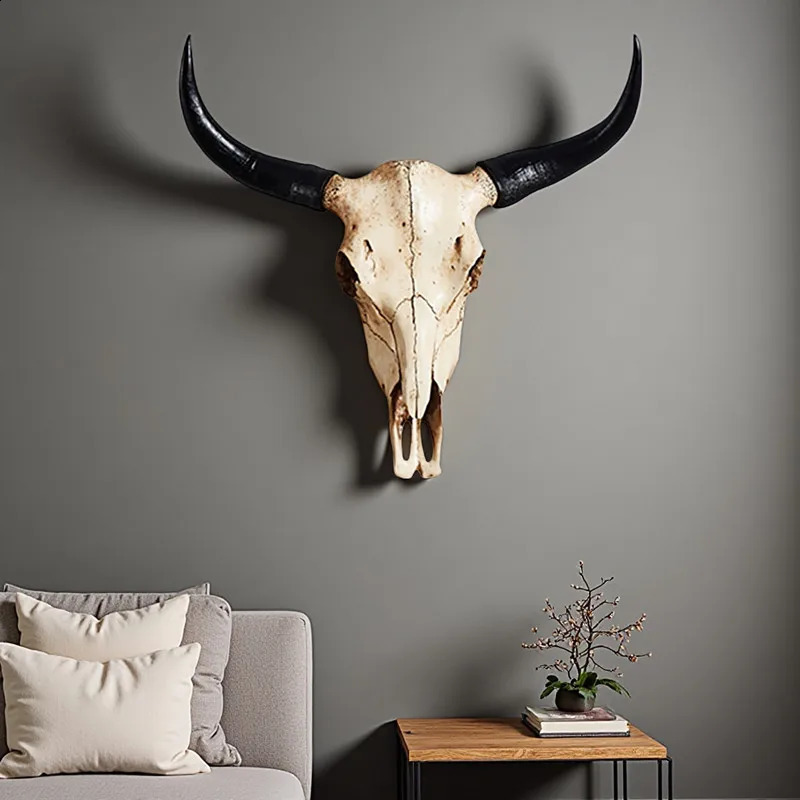 Vintage Resin Statue Cow Horn Skull Art Crafts Ornament Hang to Wall Bull Animal Head Sculpture Hanging Home Office Decor 260122 - view 5