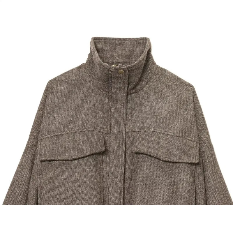 HipSeam Women Herringbone Balloon Jakcet Autumn Simple High Neck Zipper Pocket Pleated Hem Lady Coats Chic Female Tops 260126