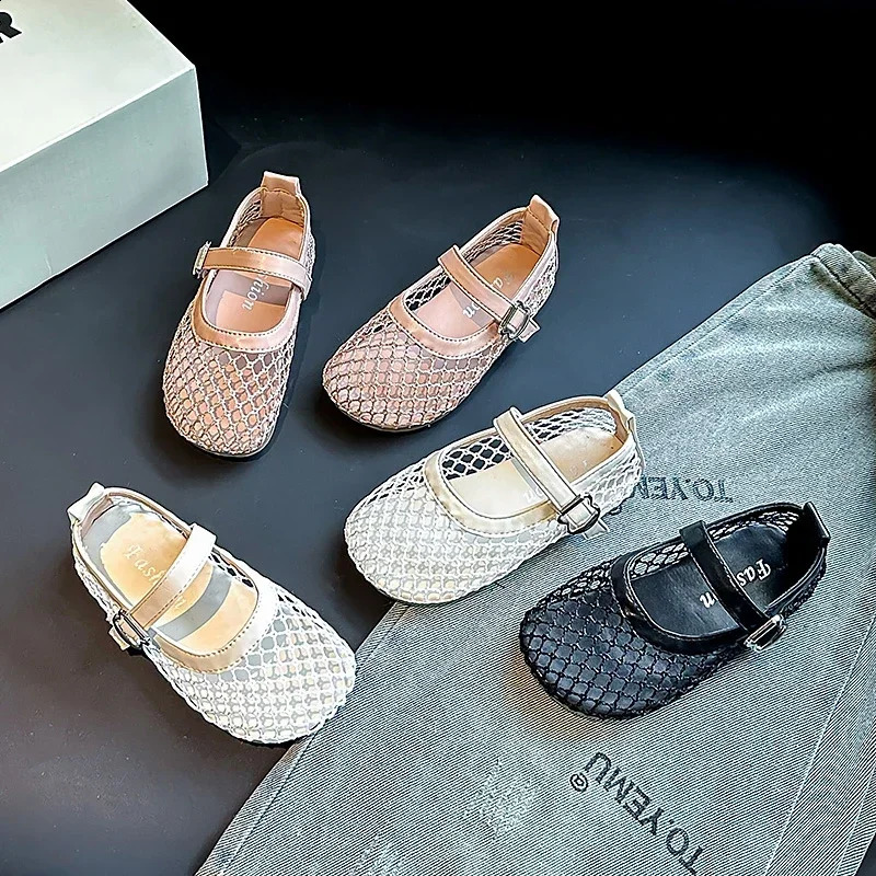Girls Flat Shoes Mesh Weave Soild Color Kids Sandals Nonslip Soft Sole Summer Children Princess Ins Trendy Sweet 260207
