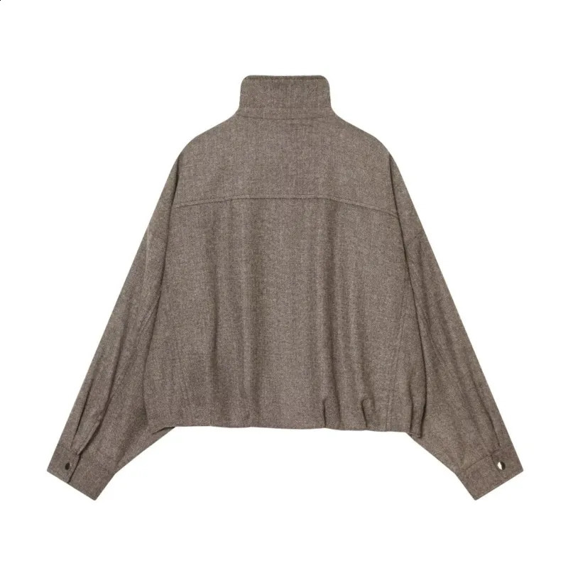 HipSeam Women Herringbone Balloon Jakcet Autumn Simple High Neck Zipper Pocket Pleated Hem Lady Coats Chic Female Tops 260126