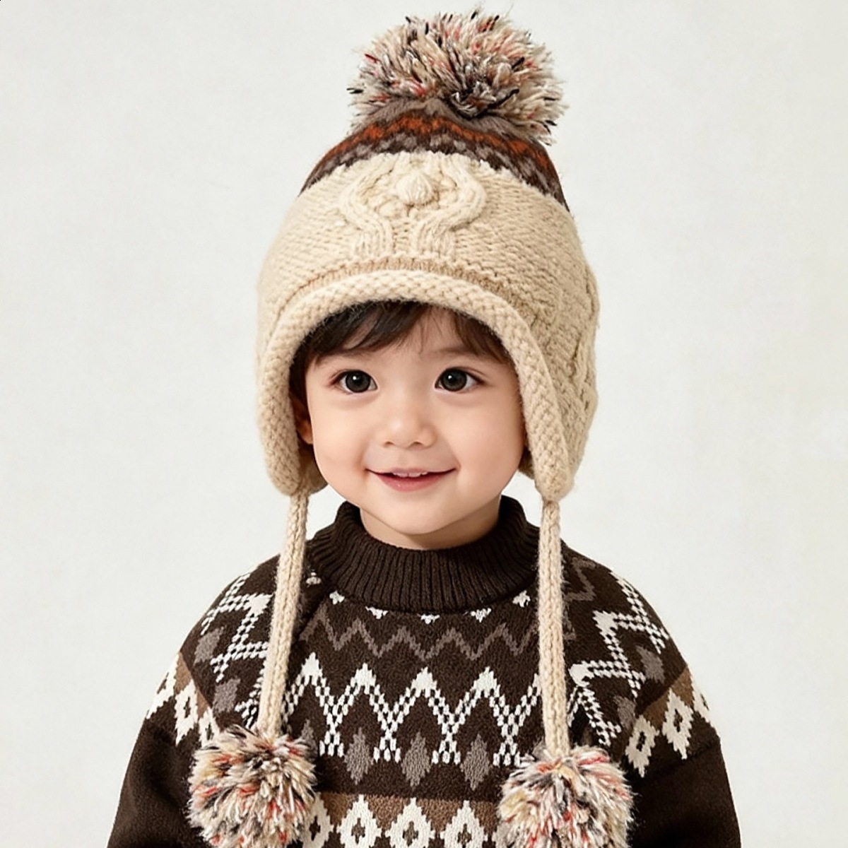 Connectyle Cute Toddler Girls Warm Winter Skull Hats Fleece Lined Flower Knit s Earflaps Hat With Pom-Pom 240808