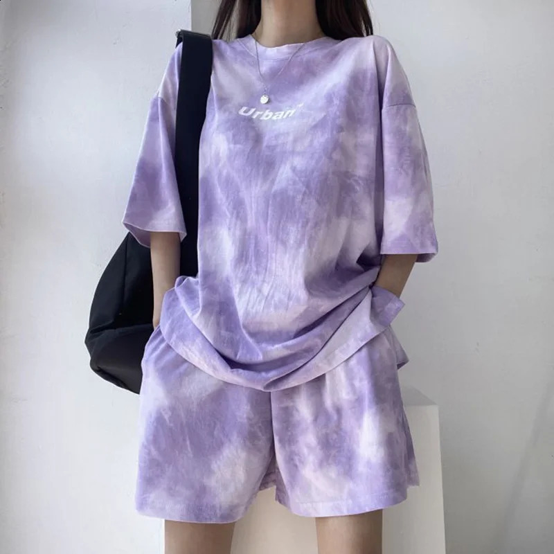 Women T-Shirt Shorts Suit Set Casual Tie Dye Loose tshirt and wide leg middle shorts with pockets female Soft Summer Shorts Sets 260209