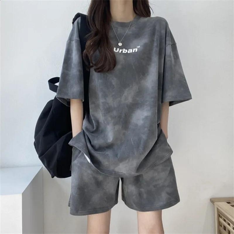 Women T-Shirt Shorts Suit Set Casual Tie Dye Loose tshirt and wide leg middle shorts with pockets female Soft Summer Shorts Sets 260209