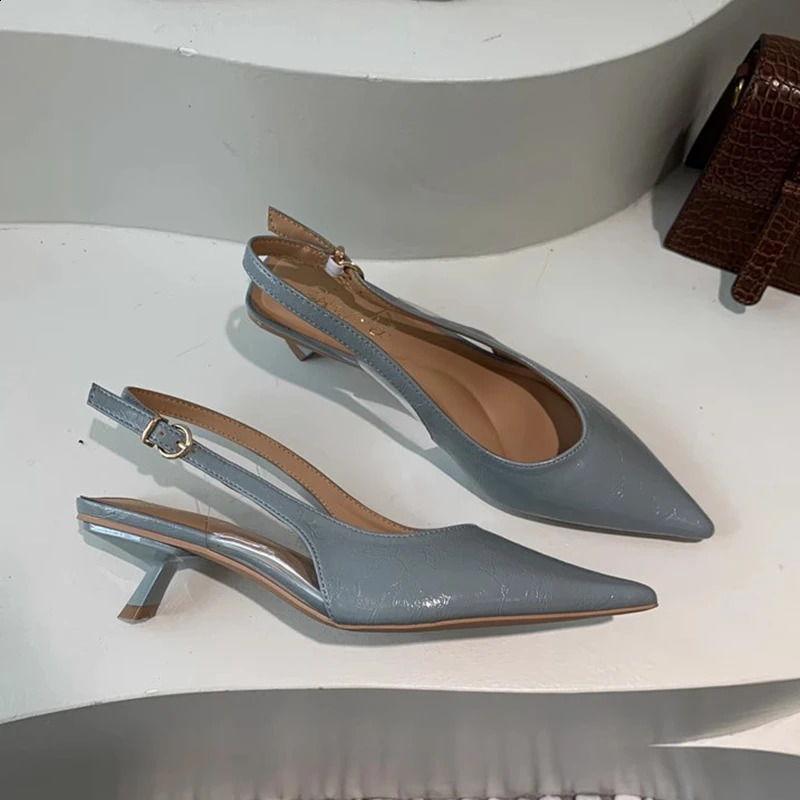SUOJIALUN Summer Women Sandal Fashion Pointed Toe Shallow Slip On Ladies Elegant Slingback Shoes Thin Med Heel Dress Mules 260306
