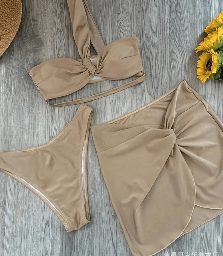 Sexy Womens 3 Piece Swimsuit Solid Color Back Bandage Bikini Set Female Bathing Suit with Twisted Cover UP Skirt Swimwear 250107