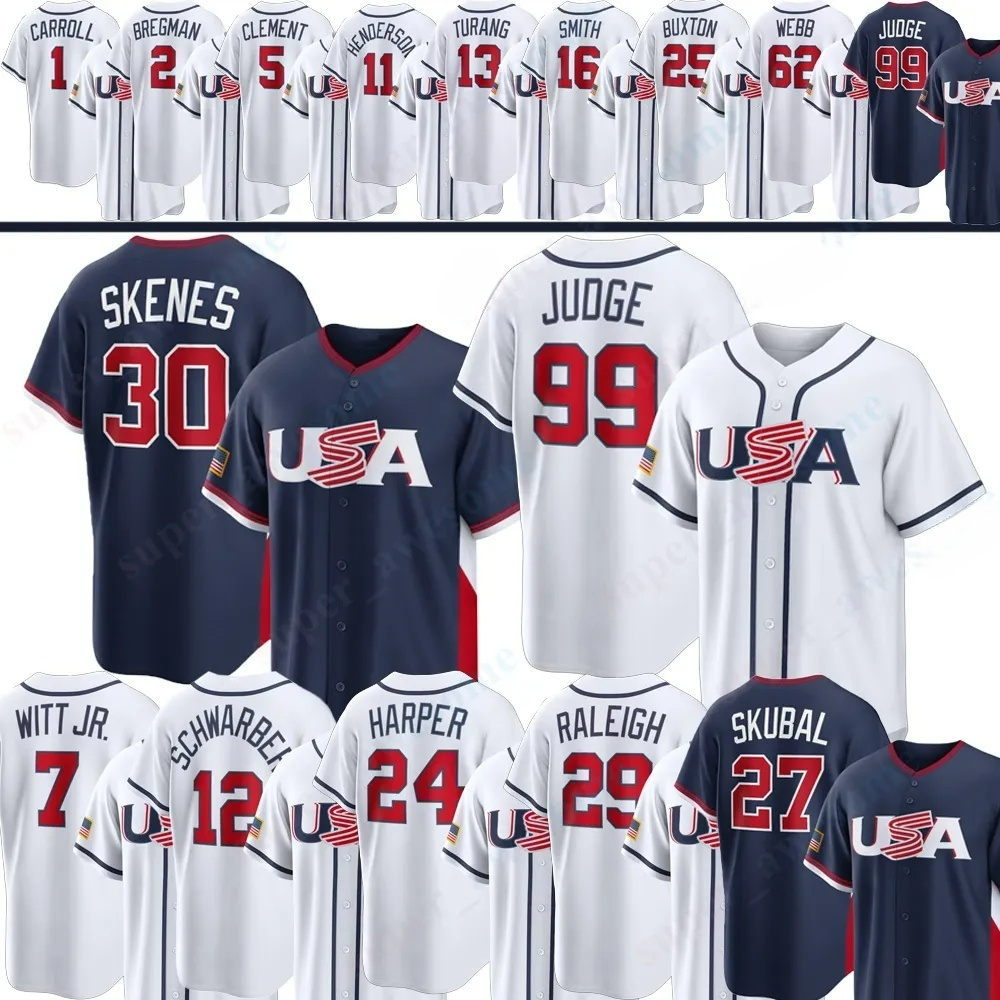 USA Baseball Jersey Aaron Judge Paul Skenes Bobby Witt Jr Kyle Schwarber Cal Raleigh Bryce Harper Corbin Carroll Gunnar Henderson Logan Webb Ernie Clement Smith1