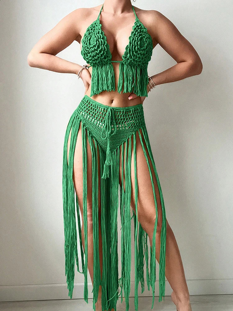 Tassel Knitted Bikini Set Two Pieces Swimsuit with Skirt Women Sexy Bandage Bathing Suit Women Brazilian Swimwear 260203