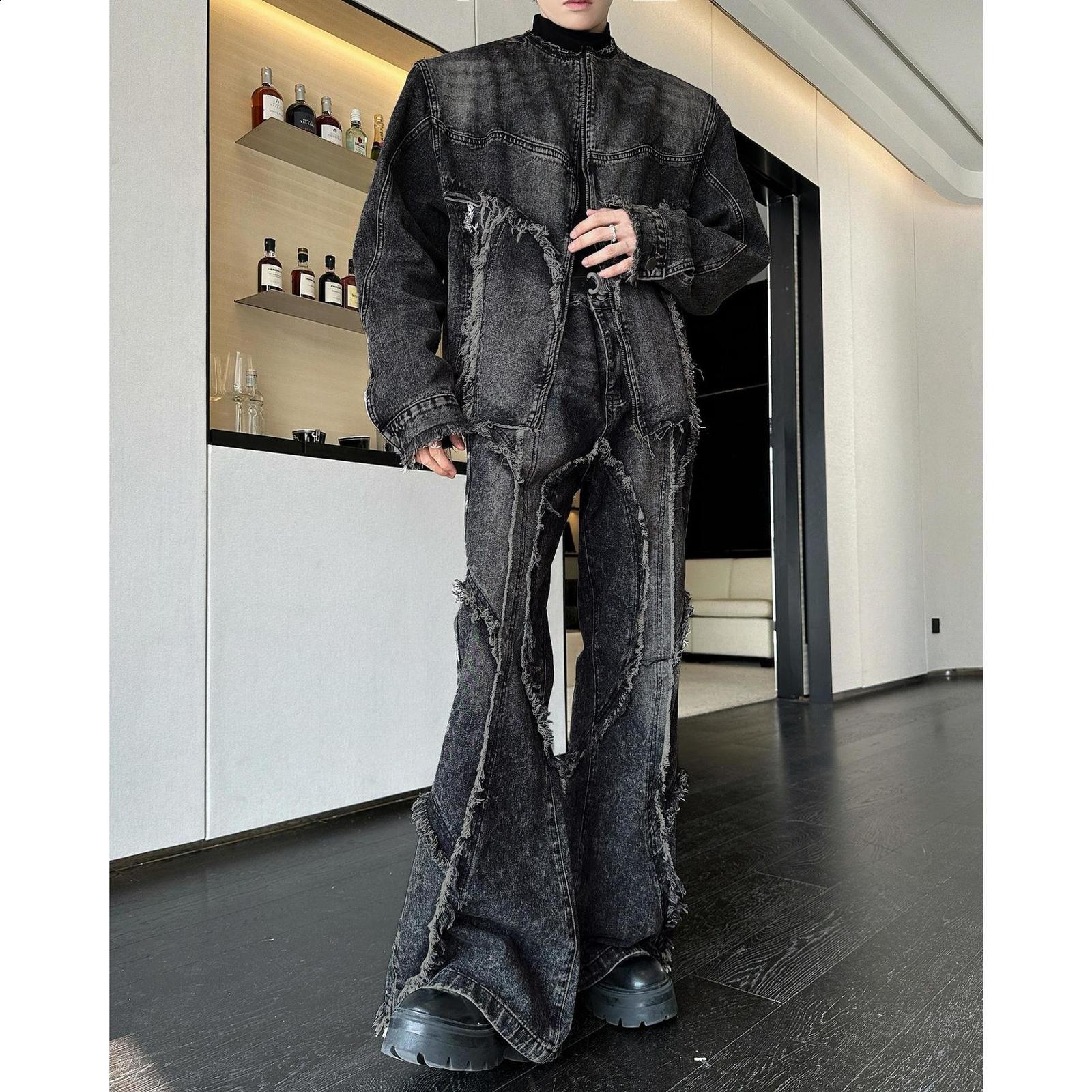 American-style niche tie-dye washed distressed denim set with raw edge stitching flared jeans and jacket trendy and fashionable 250829