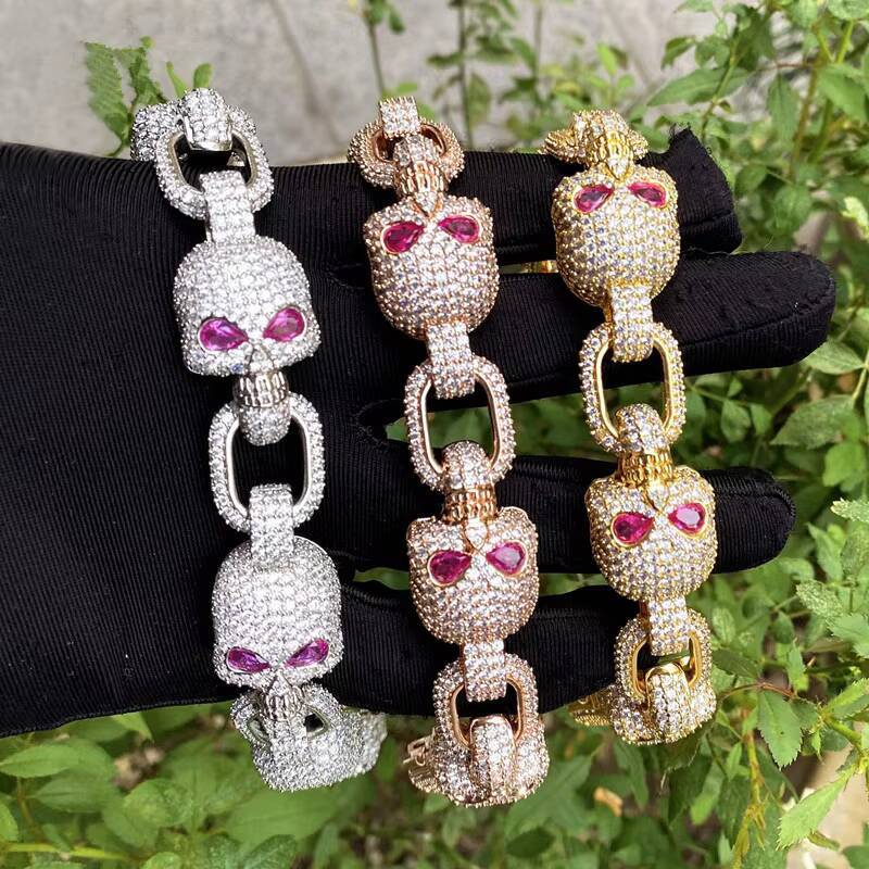 De Fashion Jewelry Skull MoissaniteVVS Bracelets Skull MoissaniteVVS Hip Hop Bracelet Gold Plated Skull Cuban Chain Cubic MoissaniteVVSia