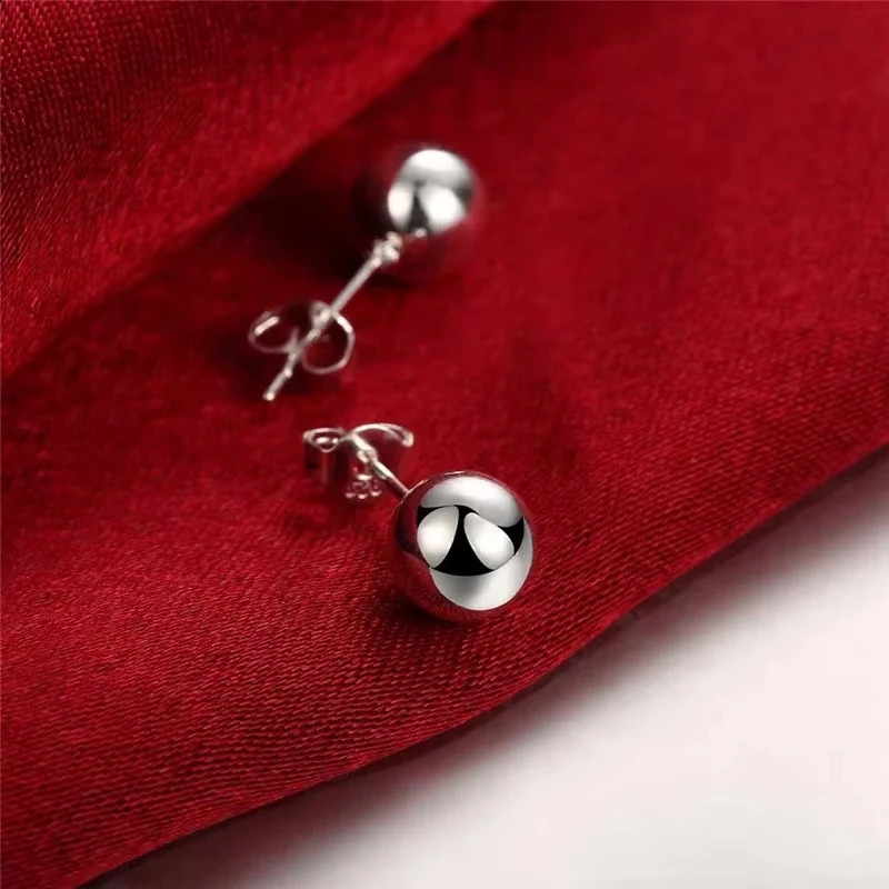 925 Sterling Silver 810mm Round Smooth Solid Bead Ball Stud Earrings For Women Wedding Engagement Party Jewelry 260129