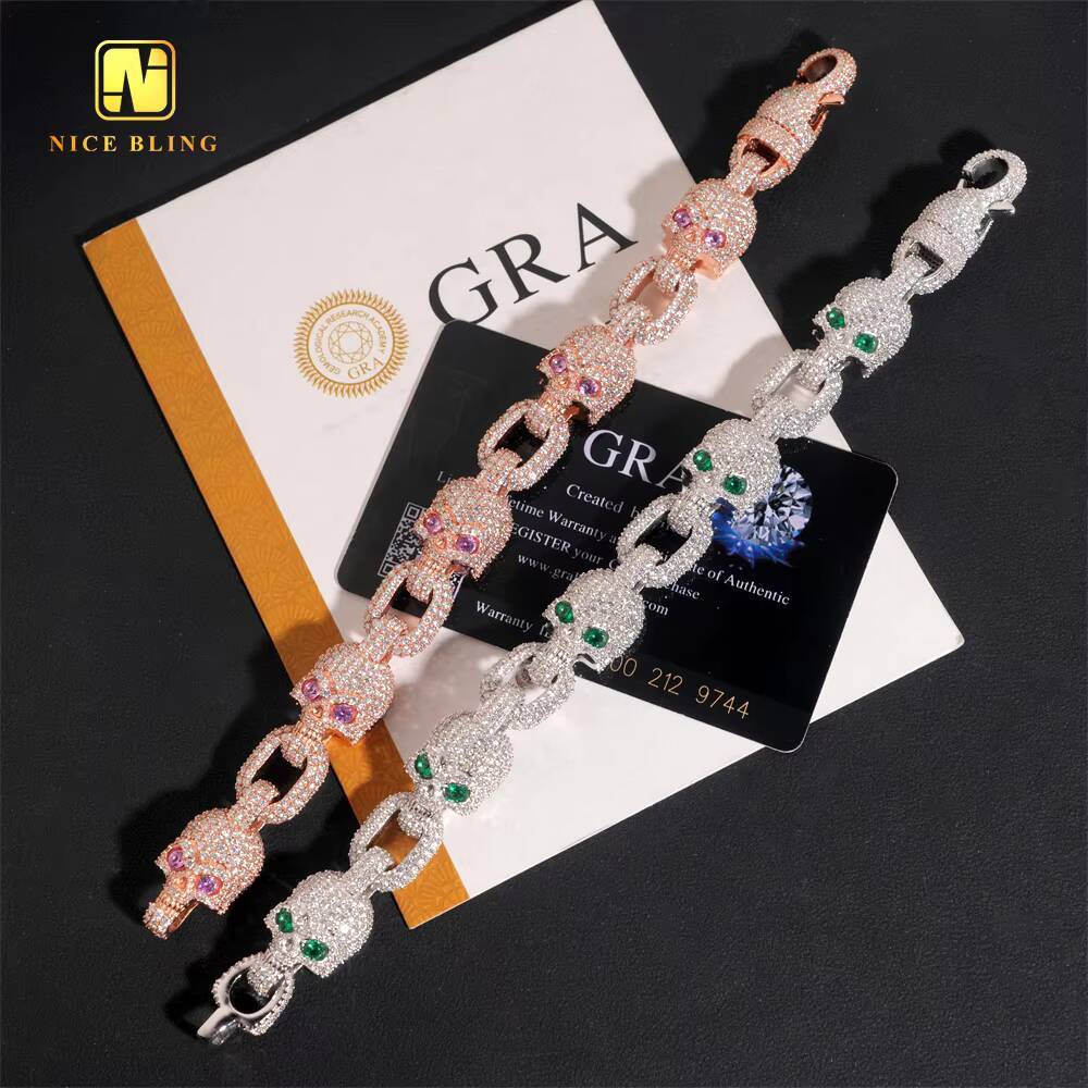 Rapper Jewelry Skull Skeleton Colorful Moissanite Cuban Necklace Ready Stock Hip Hop Fancy Cuban Link Chain Pass Diamond Tester