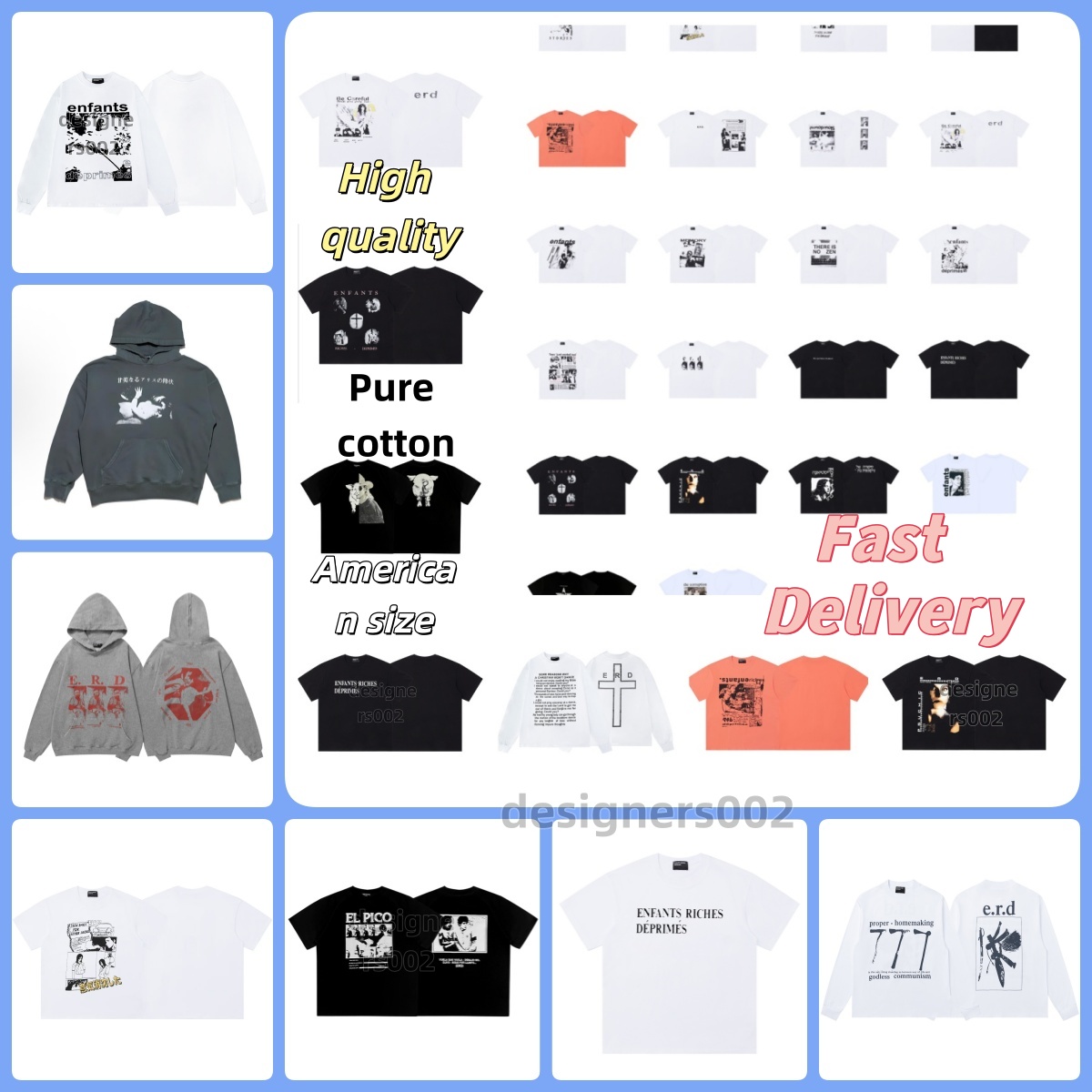 ERD designer hoodie High-quality pure cotton sweatshirt printing graphic tee mens t shirt vintage Hip Hop fashion Retro distressed washed hoodies Sizes S-XL