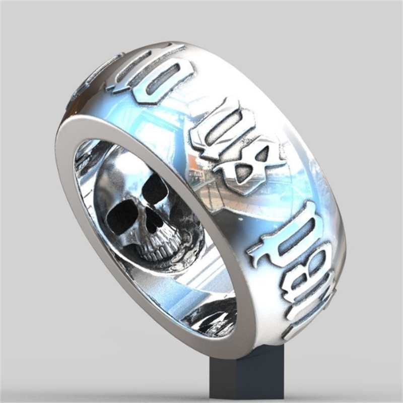 Men's unwavering skull head ring punk Thai silver black ring size 6-13