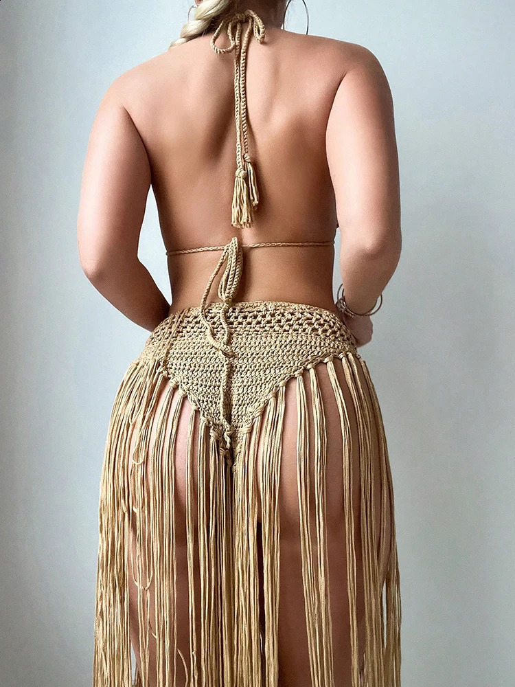 Tassel Knitted Bikini Set Two Pieces Swimsuit with Skirt Women Sexy Bandage Bathing Suit Women Brazilian Swimwear 260203