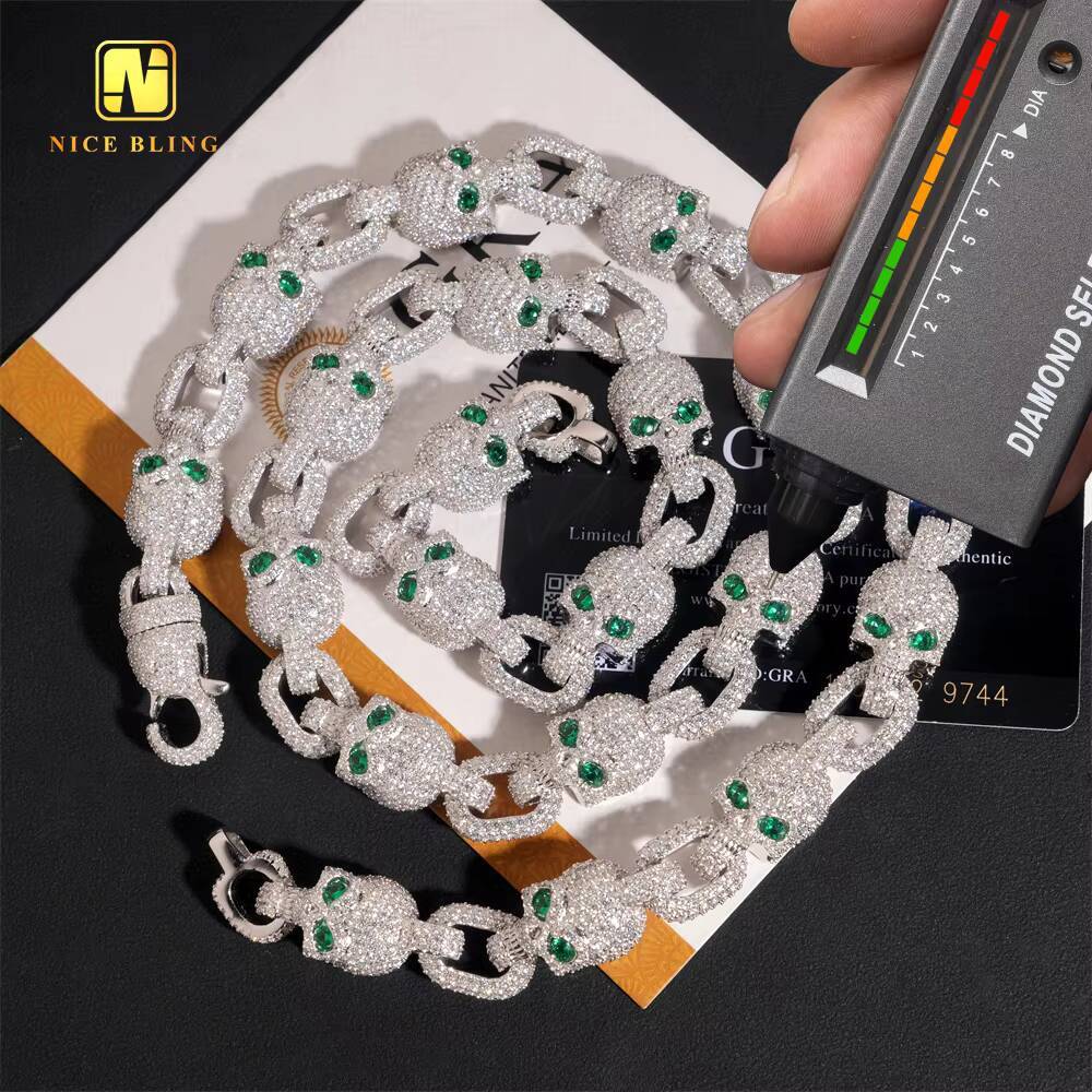 Rapper Jewelry Skull Skeleton Colorful Moissanite Cuban Necklace Ready Stock Hip Hop Fancy Cuban Link Chain Pass Diamond Tester