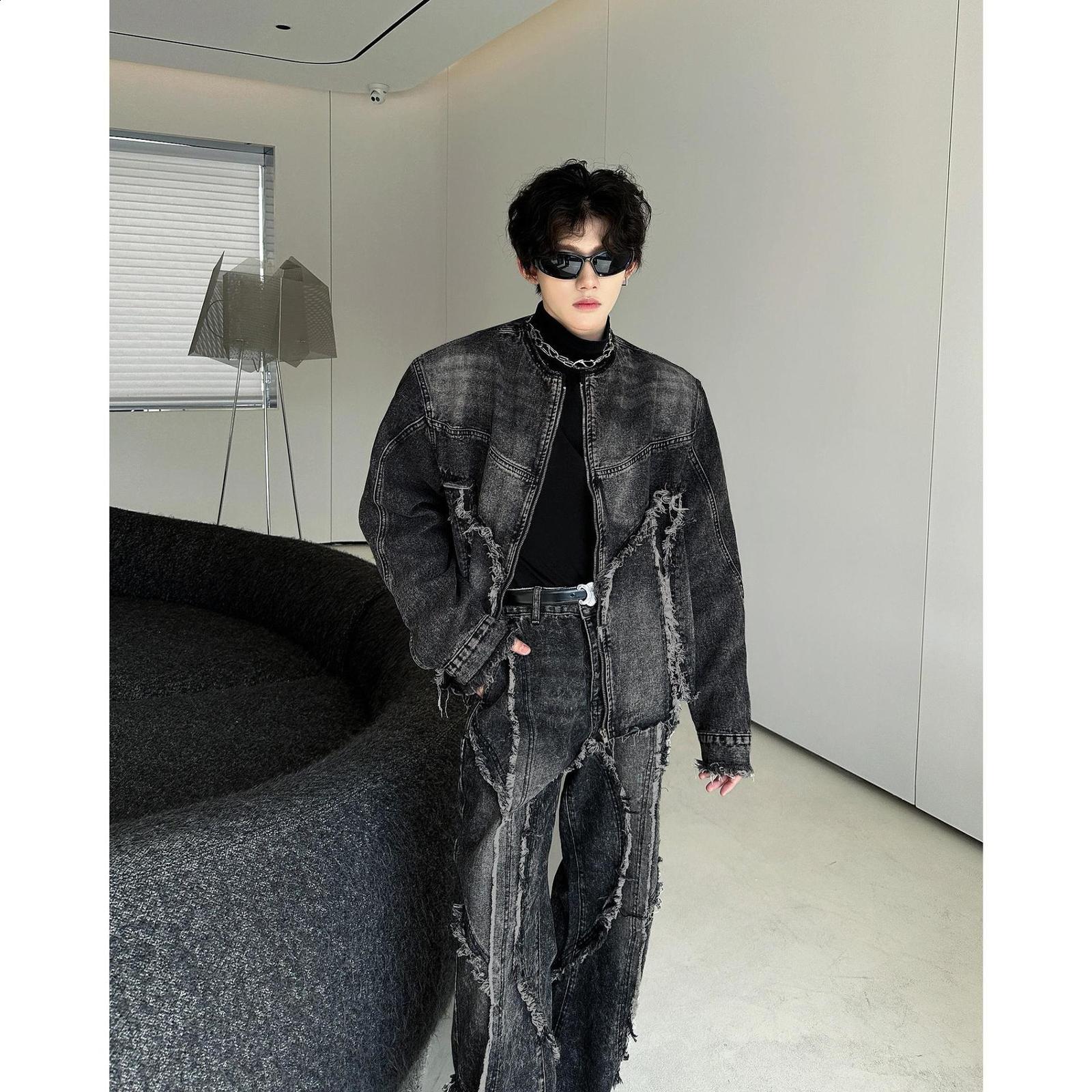 American-style niche tie-dye washed distressed denim set with raw edge stitching flared jeans and jacket trendy and fashionable 250829