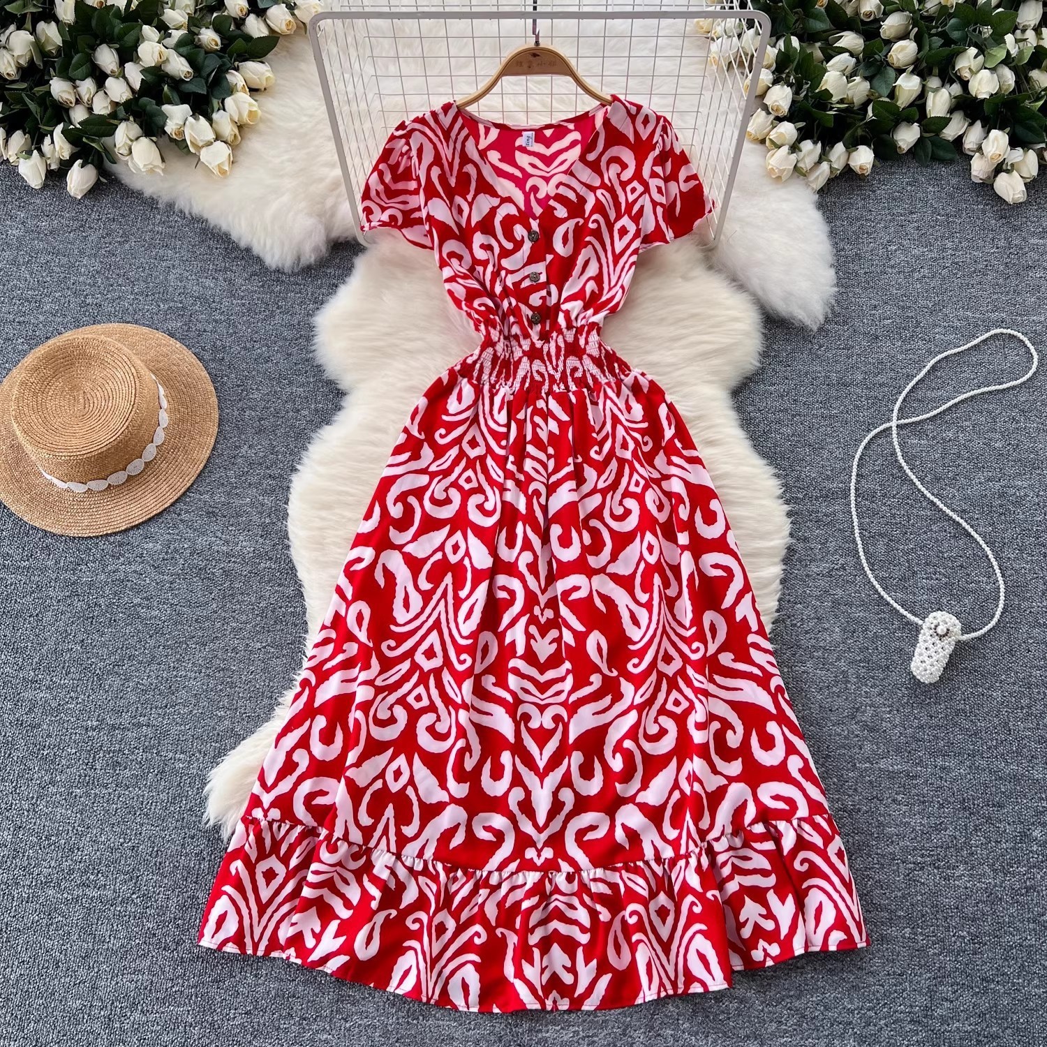 Elegant Dress for Women French Style Summer New Short Sleeve Waist-Cinching Slimming Mid-Length Ruffled Floral Long Dress 240321wtt