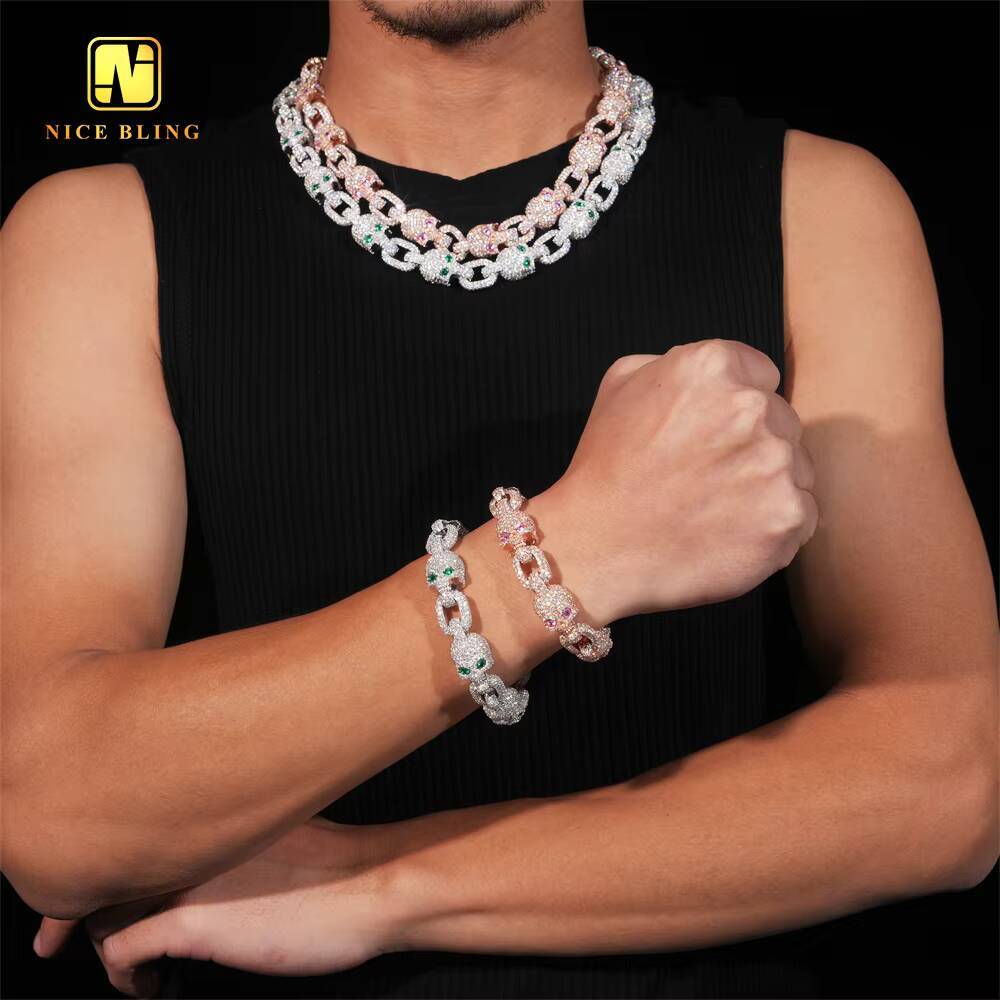 Rapper Jewelry Skull Skeleton Colorful Moissanite Cuban Necklace Ready Stock Hip Hop Fancy Cuban Link Chain Pass Diamond Tester