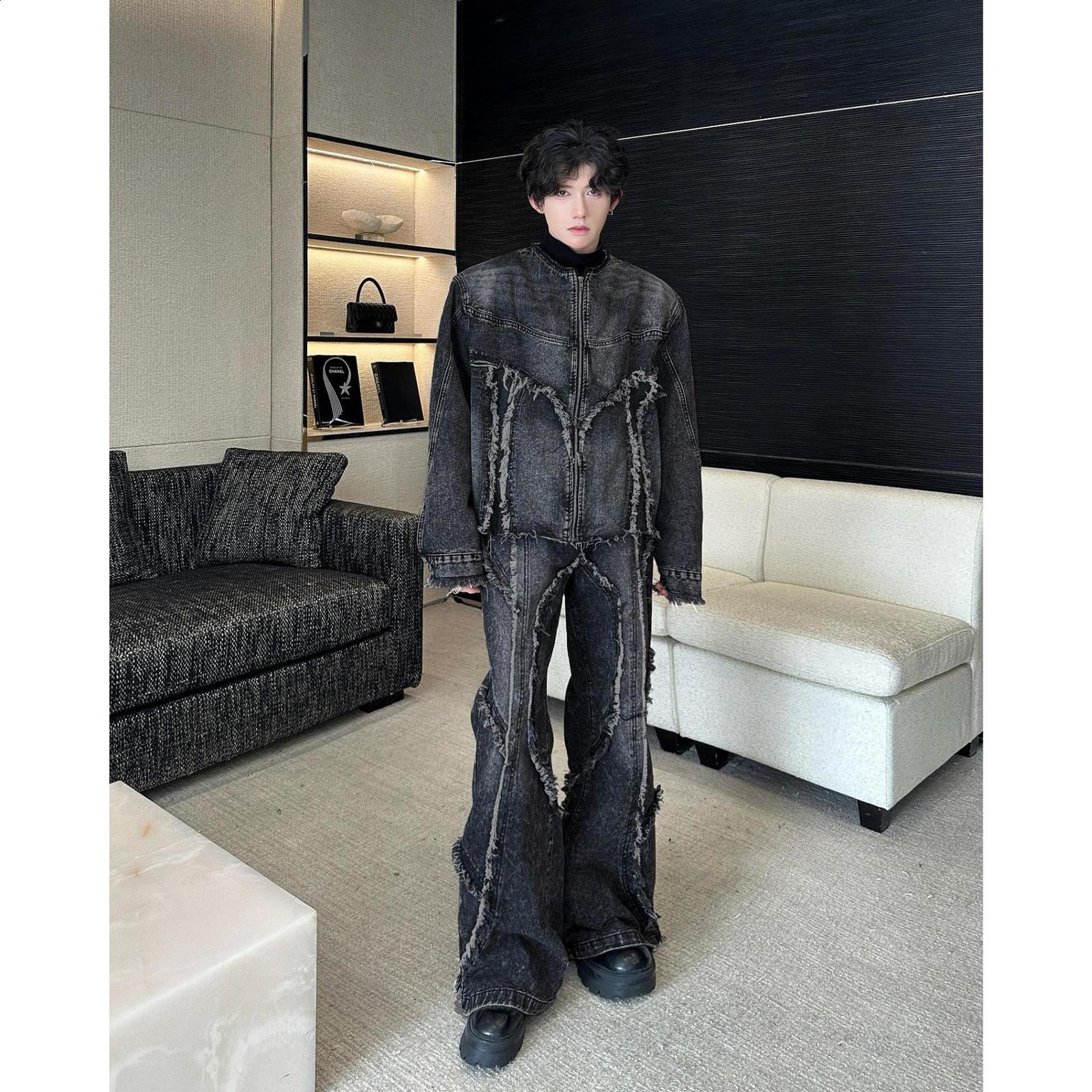 American-style niche tie-dye washed distressed denim set with raw edge stitching flared jeans and jacket trendy and fashionable 250829