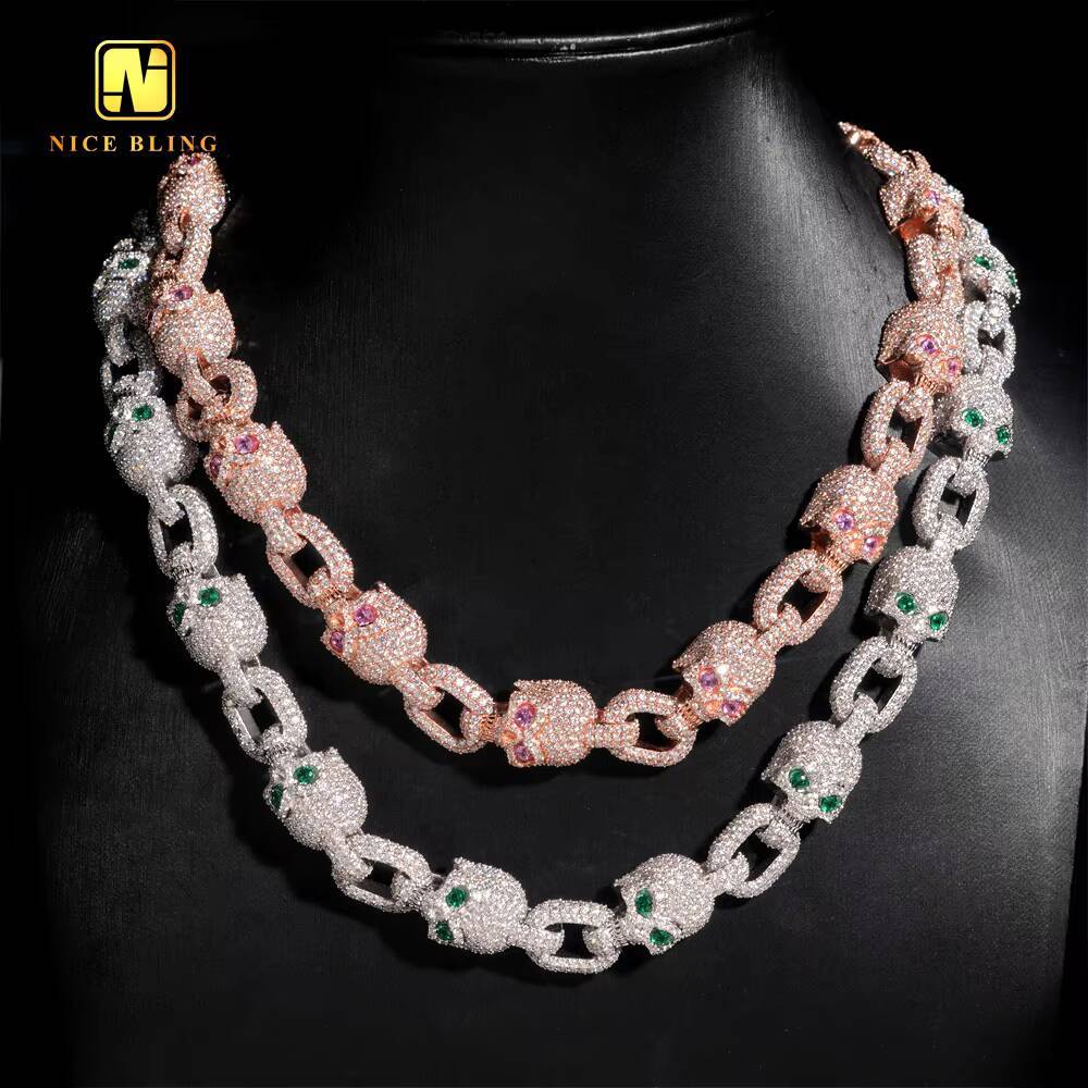 Rapper Jewelry Skull Skeleton Colorful Moissanite Cuban Necklace Ready Stock Hip Hop Fancy Cuban Link Chain Pass Diamond Tester
