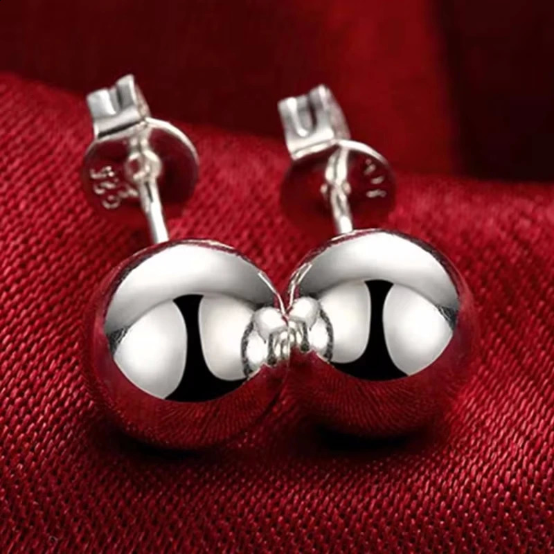925 Sterling Silver 810mm Round Smooth Solid Bead Ball Stud Earrings For Women Wedding Engagement Party Jewelry 260129