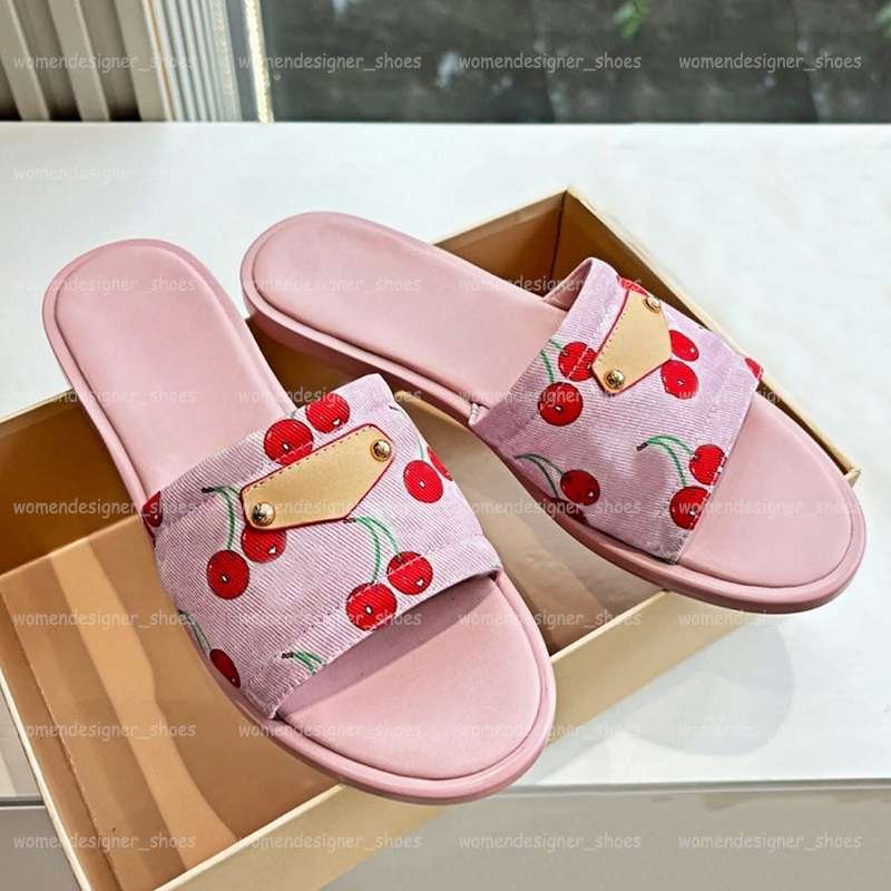 Women Pink Sandals Kitten Heel Designer Cherry Slides Denim Slippers Open Toe Classic Printing Beach Sliders High-heeled Leather Summer Shoes Size 35-42