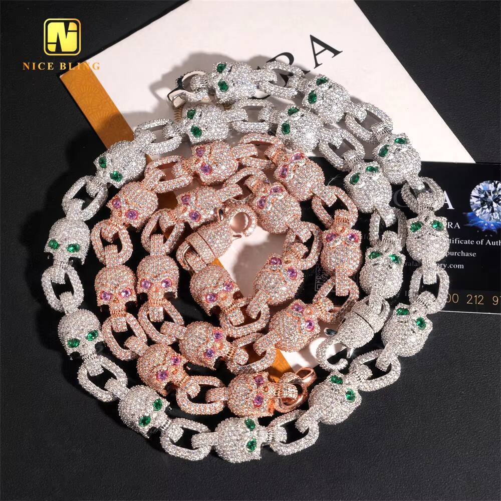 Rapper Jewelry Skull Skeleton Colorful Moissanite Cuban Necklace Ready Stock Hip Hop Fancy Cuban Link Chain Pass Diamond Tester