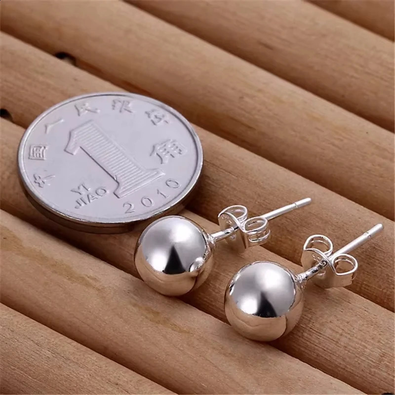 925 Sterling Silver 810mm Round Smooth Solid Bead Ball Stud Earrings For Women Wedding Engagement Party Jewelry 260129