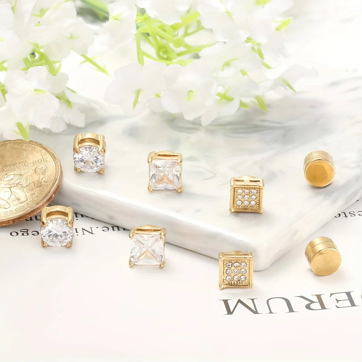 4 Pairs Fashion Style Mens Stainless Steel Magnetic Stud Earrings Sparkling Cubic Zirconia Strong Hold Non-Piercing Ear Clasps 260129