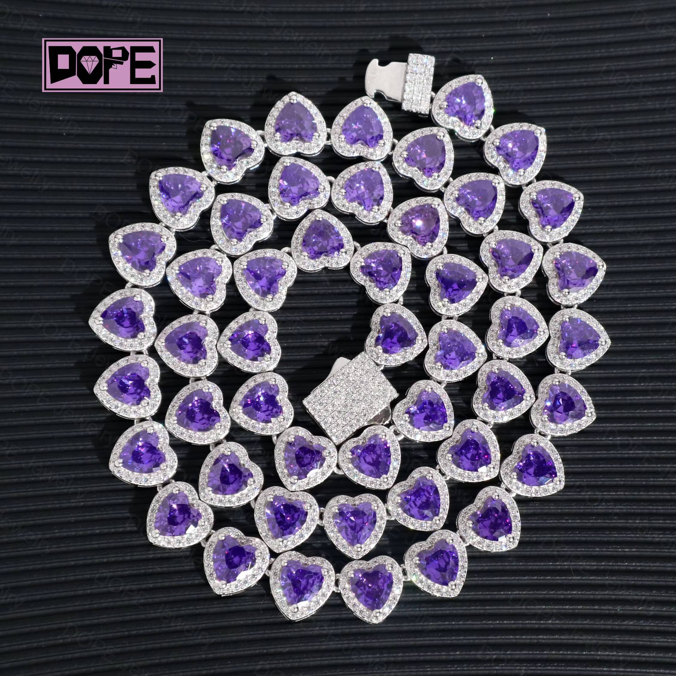 Hip Hop 10mm Moissanite Tennis Chain Cluster Heart Shape Iced Out 925 Sterling Silver Heart Tennis Necklace