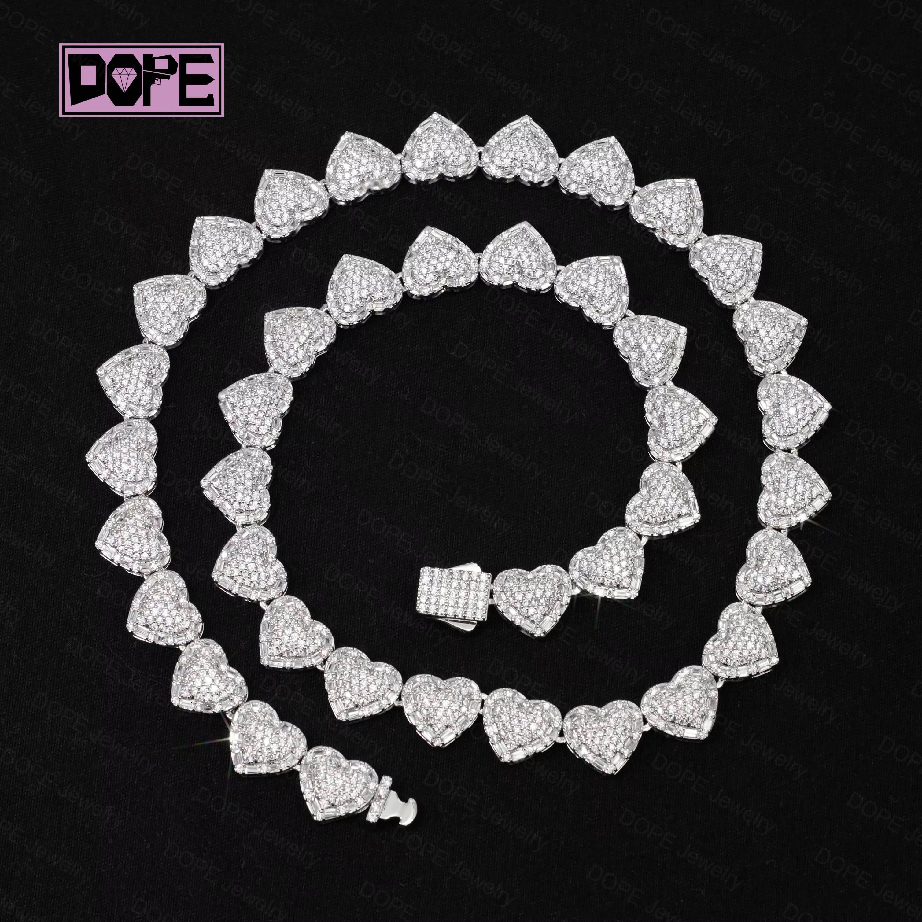 Hip Hop 10mm Moissanite Tennis Chain Cluster Heart Shape Iced Out 925 Sterling Silver Heart Tennis Necklace