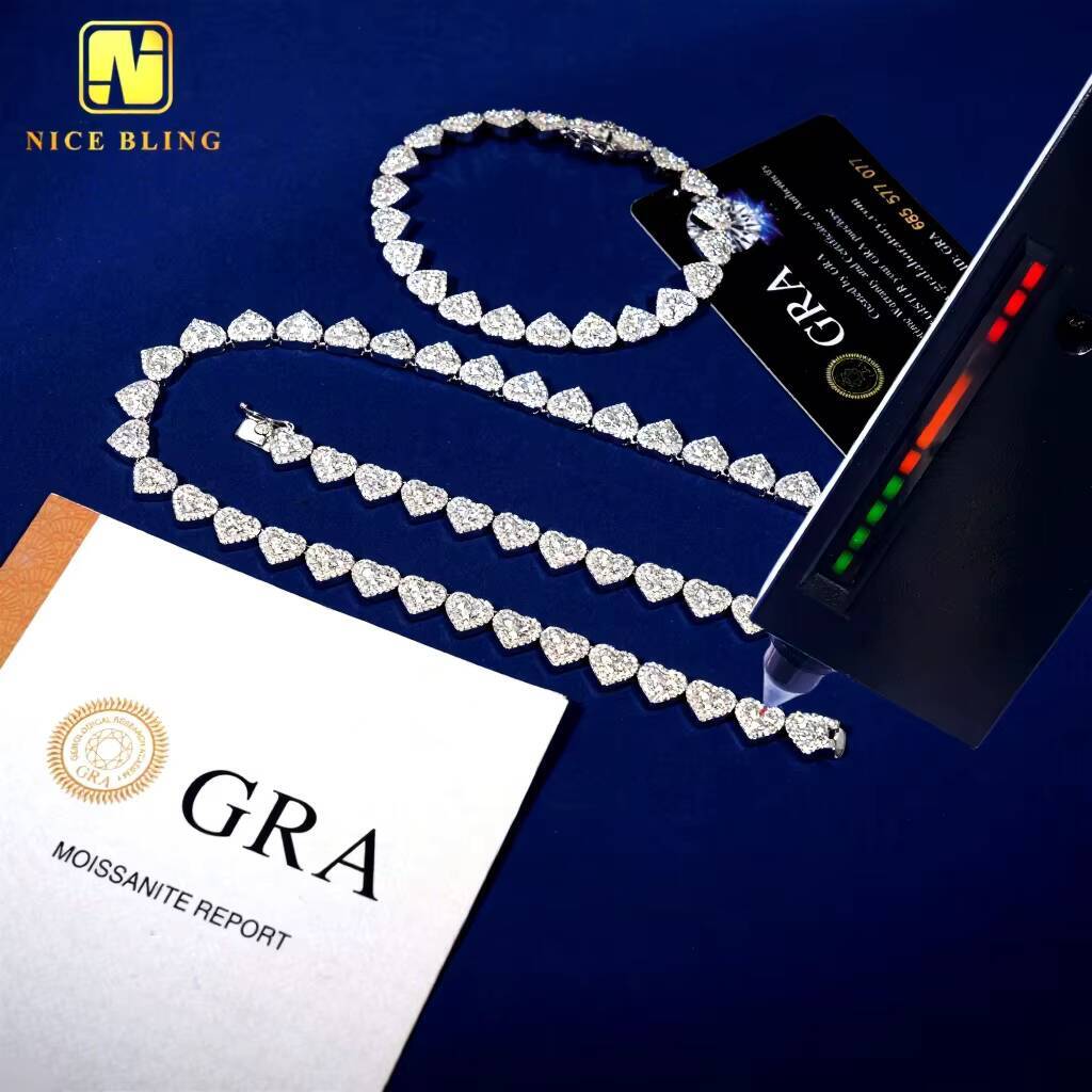 Valentines Day Gift 8mm Heart Shape Hip Hop Rock Moissanite Miami Cuban Chain 925 Silver Moissanite Cuban Bracelet