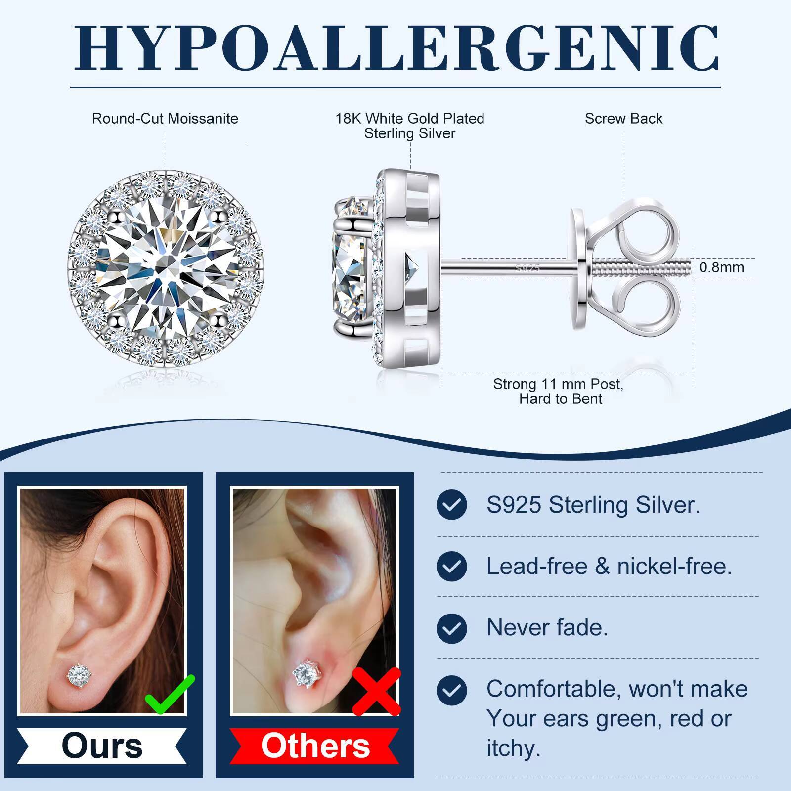 Fine Jewelry Screw Back Women Luxury Gold Plated 925 Sterling Silver Iced Out VVS Moissanite Diamond Halo Stud Earrings for Men