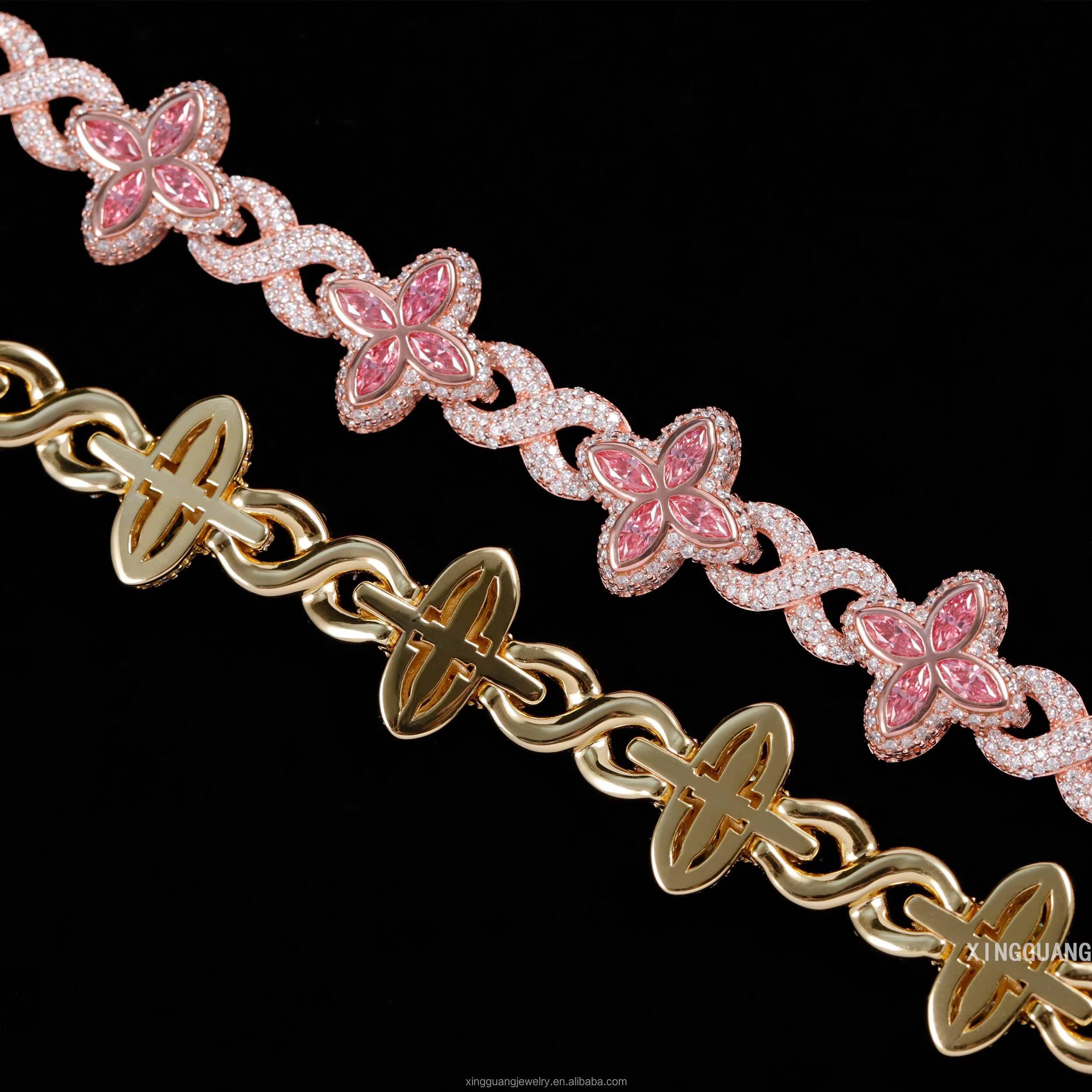 Very Beautiful New Style Cuban Bracelets S925 Silver Fancy Colors Pink Green Moissanite Diamond Gold Plated Four Clover Bracelet
