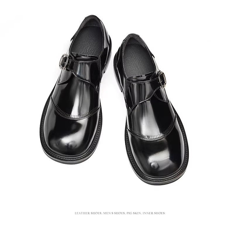 Genuine Leather Men's Shoes Buckle Monk Shoes Business Breathable Casual Leather Shoes Bright round Head Trendy Shoes