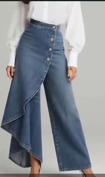 2026 New Long Hem Solid Color Casual Faux Denim Printed Buttoned Skinny Pants