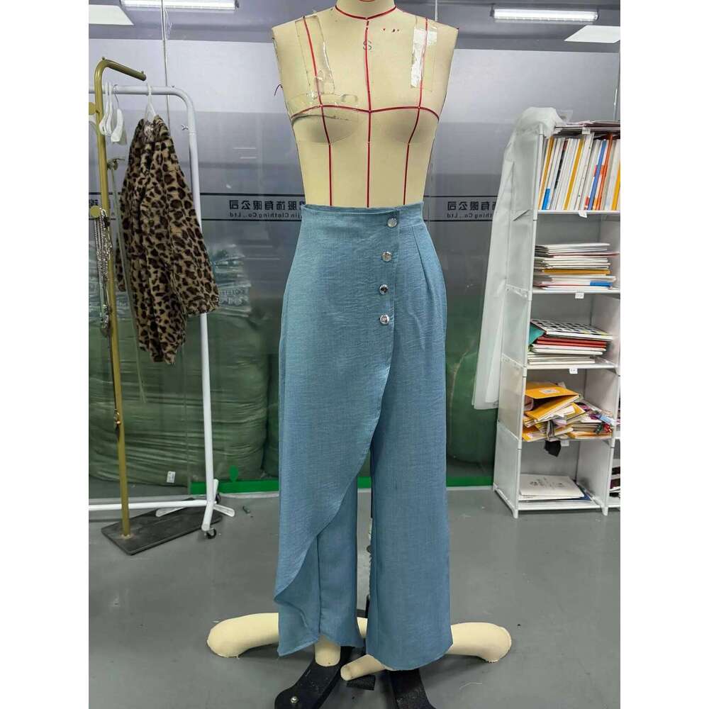 2026 New Long Hem Solid Color Casual Faux Denim Printed Buttoned Skinny Pants