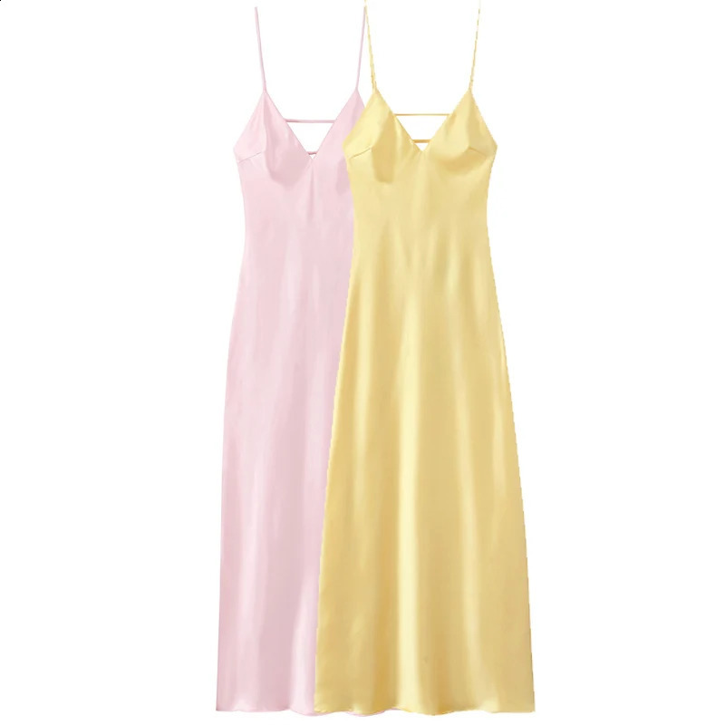 HXAO Womens Yellow Slip Dress Summer 2025 Woman Satin VNeck Party Dresses Elegant Evening Sleeveless Backless Long Vestidos 066 260202