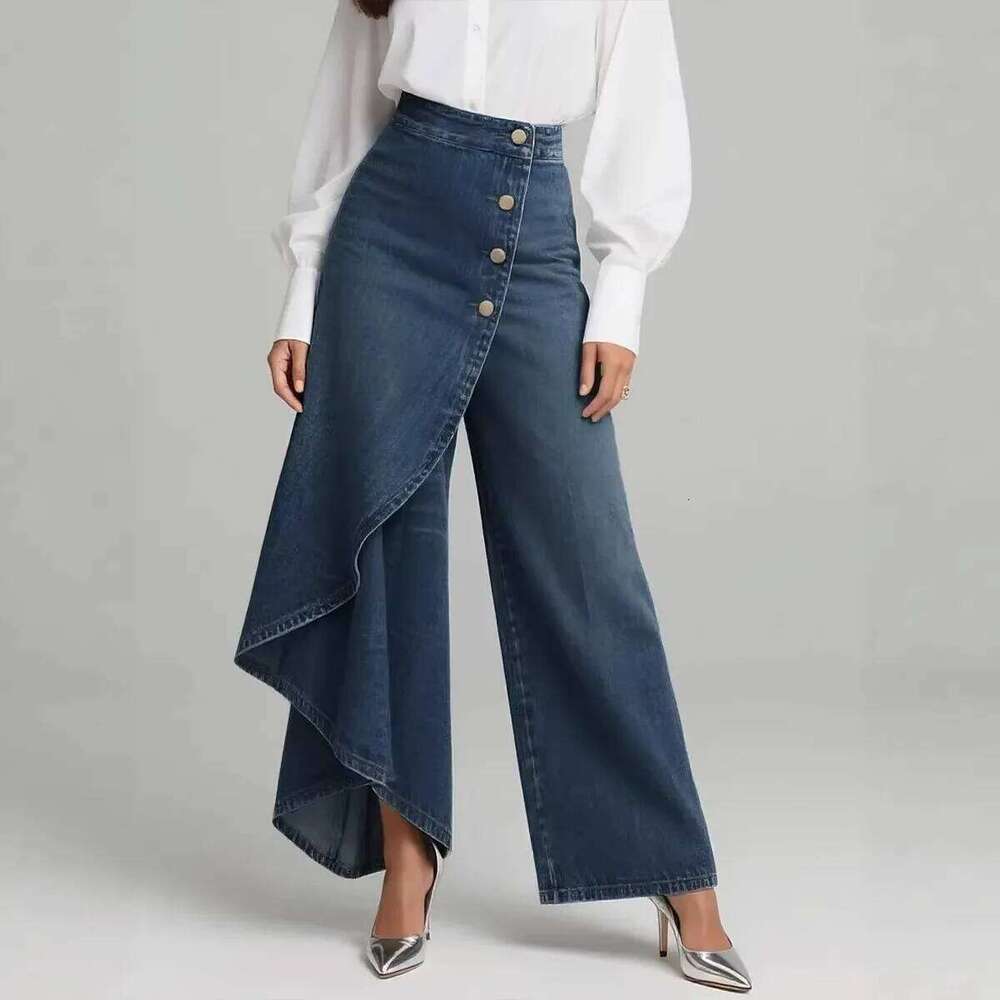 2026 New Long Hem Solid Color Casual Faux Denim Printed Buttoned Skinny Pants