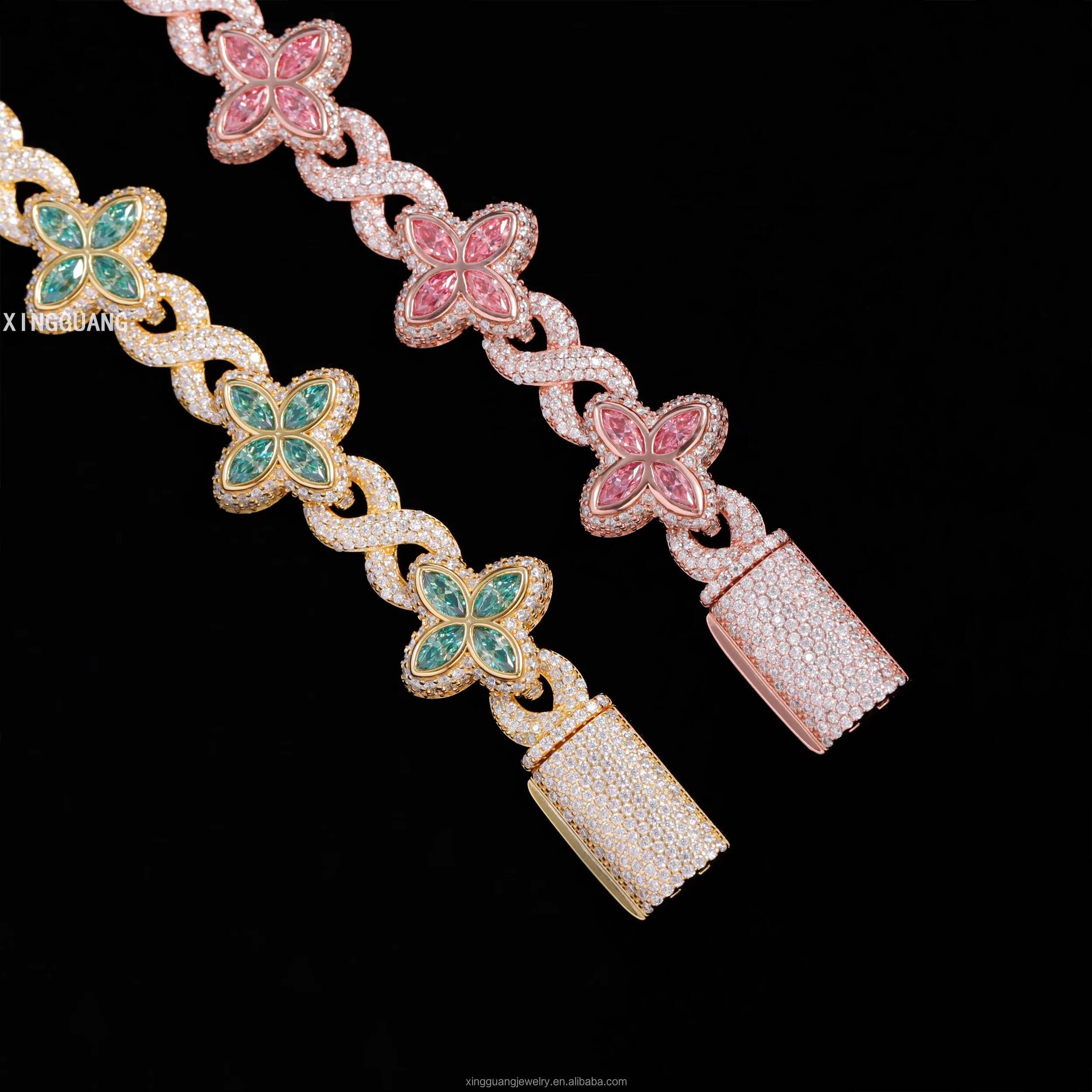Very Beautiful New Style Cuban Bracelets S925 Silver Fancy Colors Pink Green Moissanite Diamond Gold Plated Four Clover Bracelet
