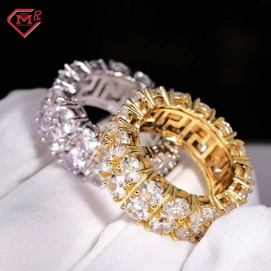 Bling Moissanite Ring Men 925 Sterling Silver Hip Hop Diamond Double Row Ring Pave Setting Moissanite Ring